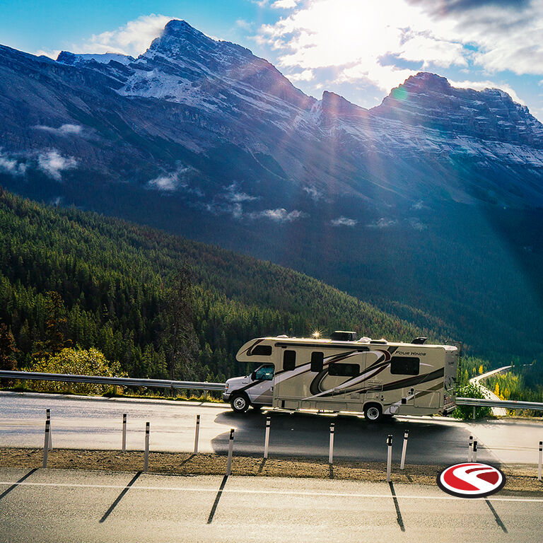 Large RV on Icefields Parkway in Alberta in Summer